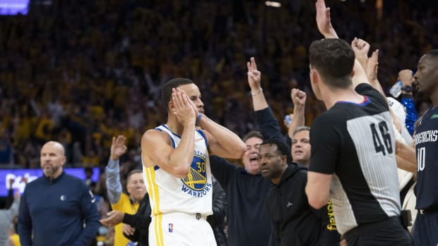 May 20, 2022; San Francisco, California, USA; Golden State Warriors guard Stephen Curry (30) celebrates against the Dallas Mavericks during the fourth quarter in game two of the 2022 western conference finals at Chase Center. Mandatory Credit: Kyle Terada-USA TODAY Sports